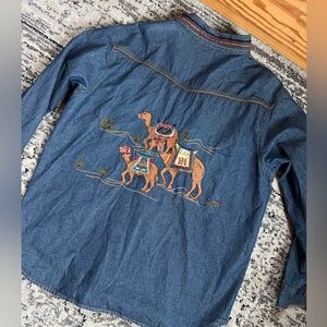 Vintage Chico’s Design Embellished Beaded Camel Cotton Zip Denim Shirt Jacket